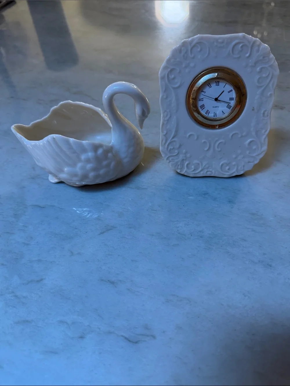 Lenox White Ceramic Swan Trinket Bowl with Ornate White Clock